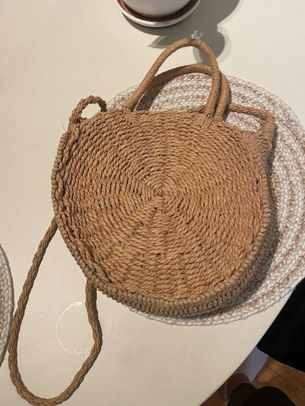 Woven Round Straw Crossbody Bag in Natural Tan